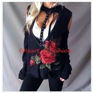 French Terry Cold Shoulder Distressed Hoodie Black
